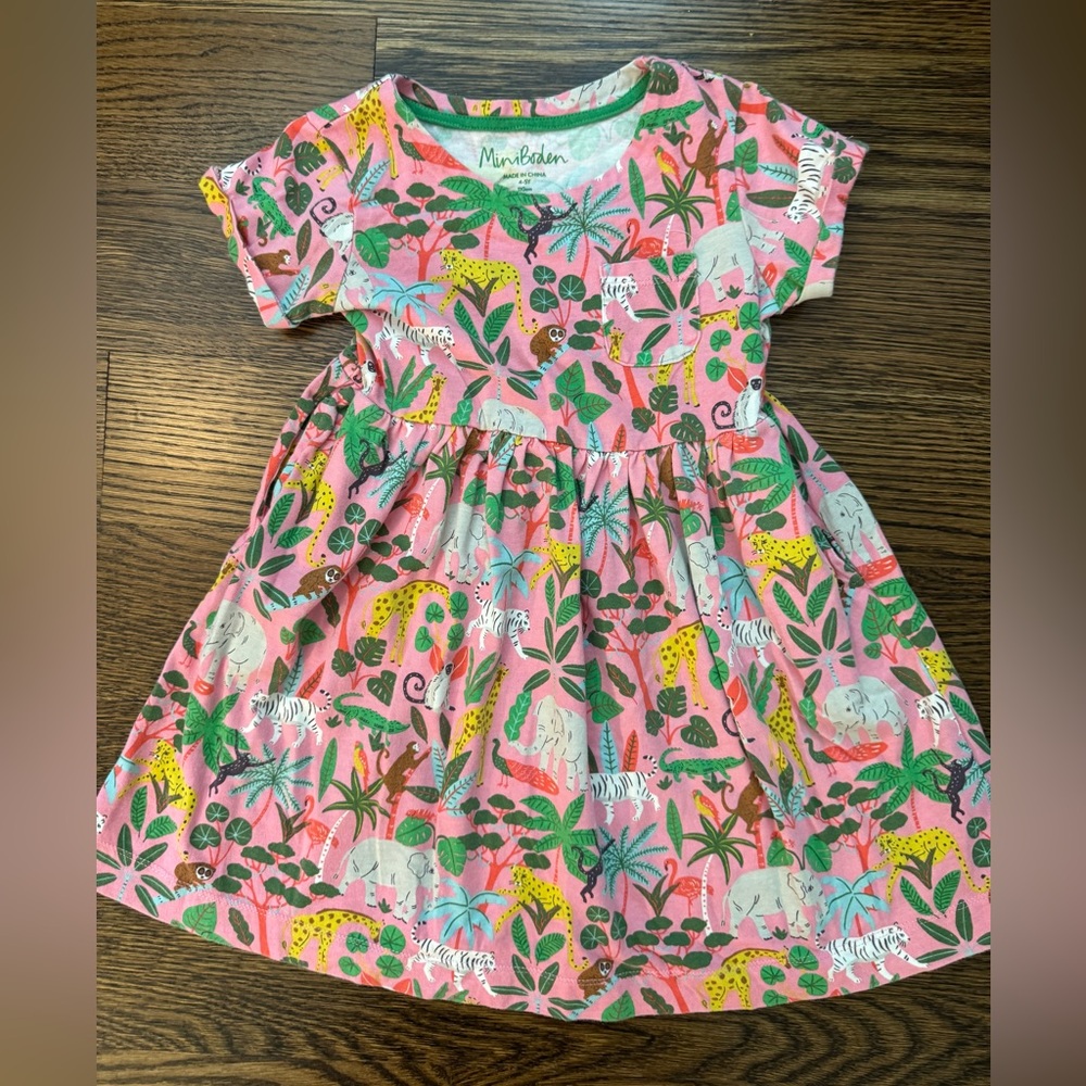 Mini Boden Pink Jungle Print Dress with Pockets Size 4-5 Y